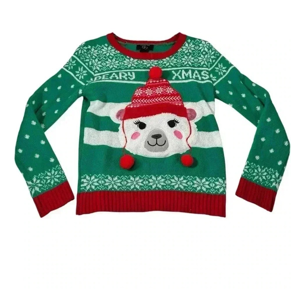 It's Our Time Polar Bear Christmas Ugly Holiday Sweater Girls Size Large - Picture 3 of 10